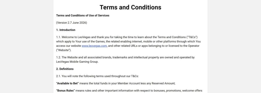 LeoVegas terms and conditions version 2.7 June 2026 stating the website and brands are operated by LeoVegas Mobile Gaming Group