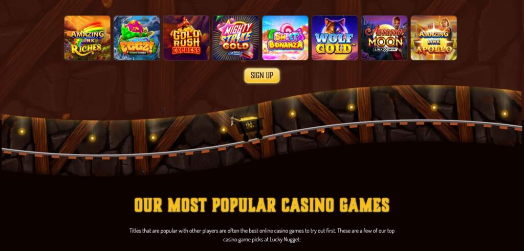Lucky Nugget Casino page showing a row of popular slot tiles above the Our Most Popular Casino Games heading