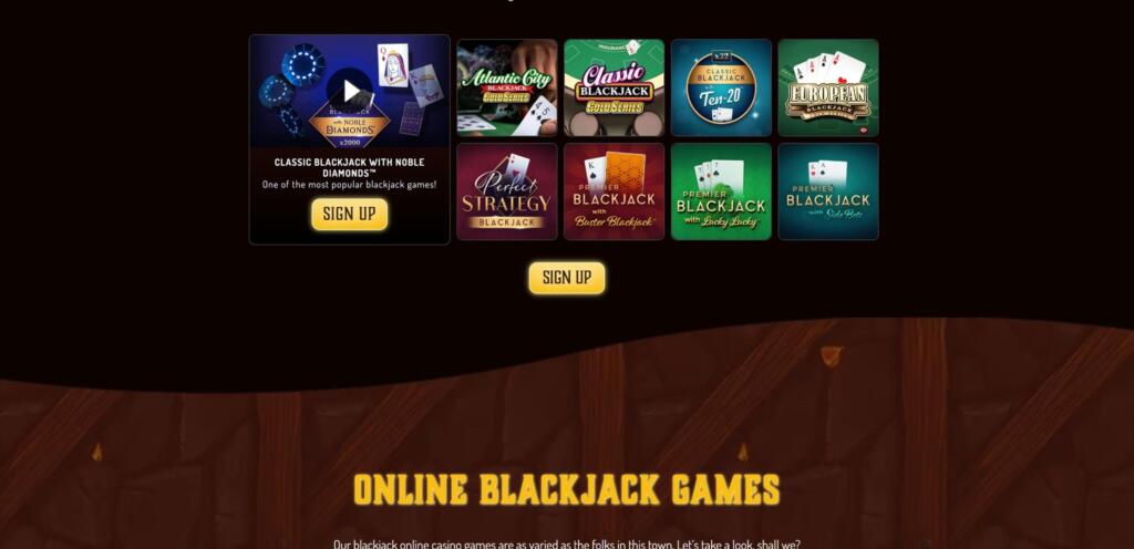 Lucky Nugget Casino blackjack games page with Classic Blackjack, Atlantic City, European and Perfect Strategy variants