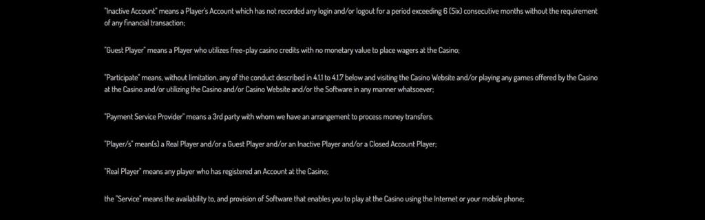 Lucky Nugget Casino terms definitions including inactive account, guest player, participate and payment service provider