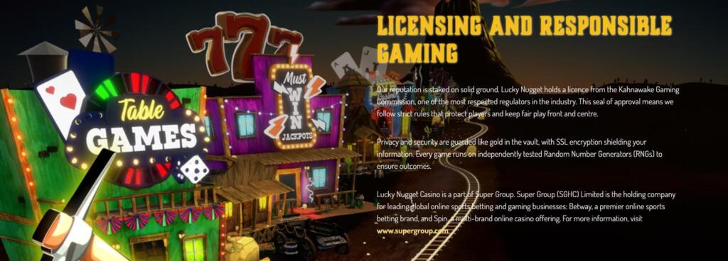 Lucky Nugget Casino licensing text stating it holds a Kahnawake licence and is part of Super Group (SGHC) Limited