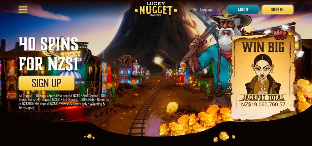 Lucky Nugget Casino homepage offering 40 spins for NZ$1 with a jackpot total of over NZ$19 million