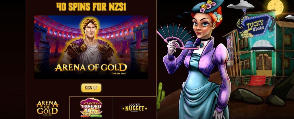 Lucky Nugget Casino welcome offer panel showing 40 spins for NZ$1 across three deposit stages