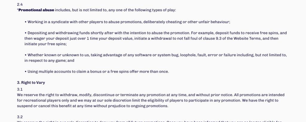 LumiCasino terms section on promotional abuse, listing syndicate play, deposit-and-withdraw patterns and multiple accounts