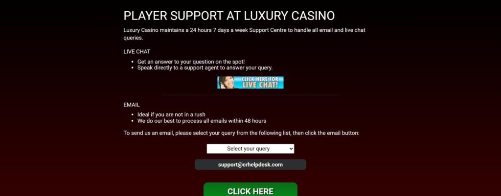 Luxury Casino player support page offering live chat and email with a 48-hour email response time