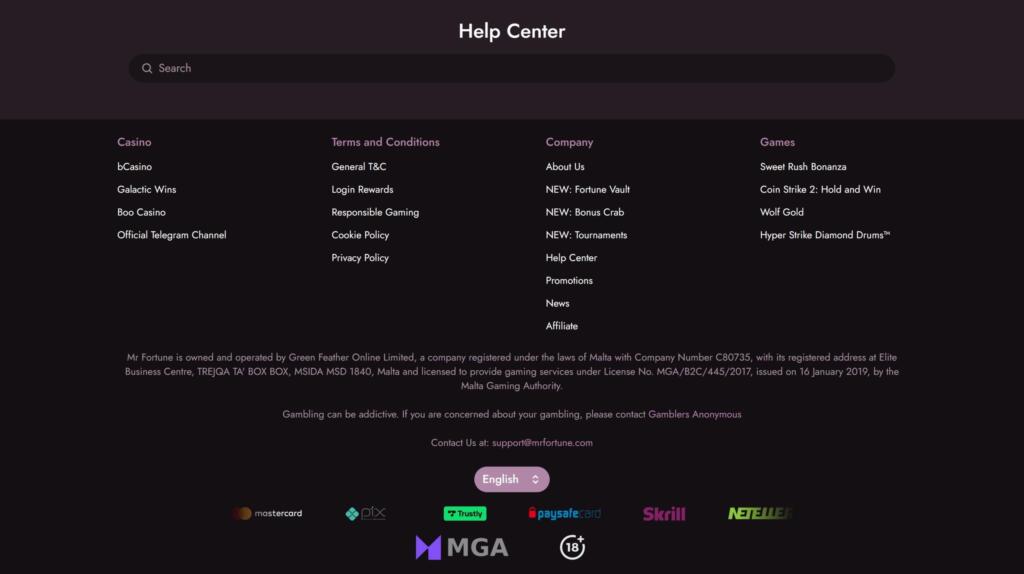 Mr Fortune Casino help centre search page with the footer licence text and payment logos