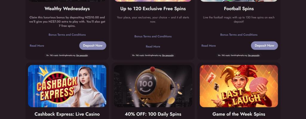 Mr Fortune Casino promotions page with Wealthy Wednesdays, up to 120 exclusive free spins, Football Spins and Cashback Express offers