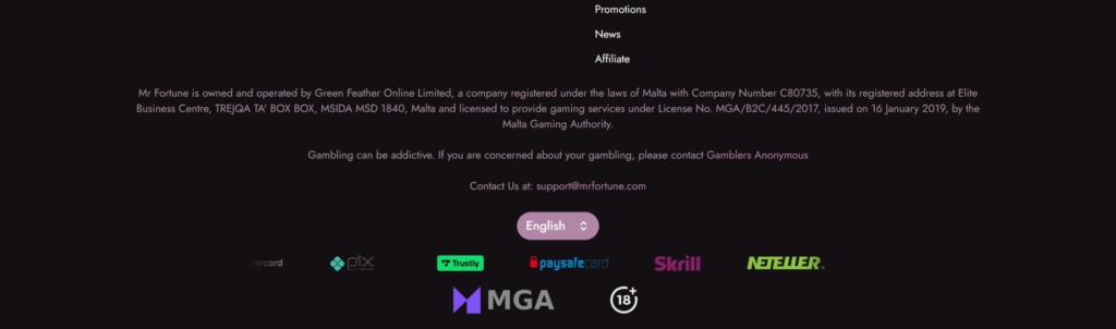 Mr Fortune Casino footer stating it is operated by Green Feather Online Limited under Malta Gaming Authority licence MGA/B2C/445/2017