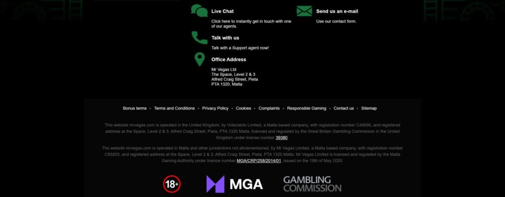 Mr Vegas contact page listing live chat, phone and email support with the Malta office address and licence logos