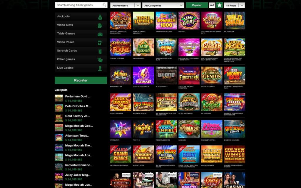 Mr Vegas Casino games lobby with a jackpots sidebar showing amounts in dollars and a grid of slot tiles