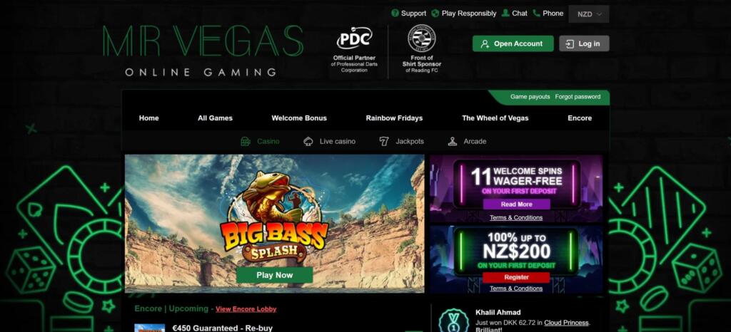 Mr Vegas homepage with the currency selector set to NZD and a 100% up to NZ$200 first deposit offer