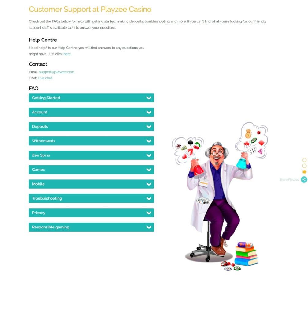 Playzee Casino customer support page with help centre, email and live chat contacts and an FAQ accordion