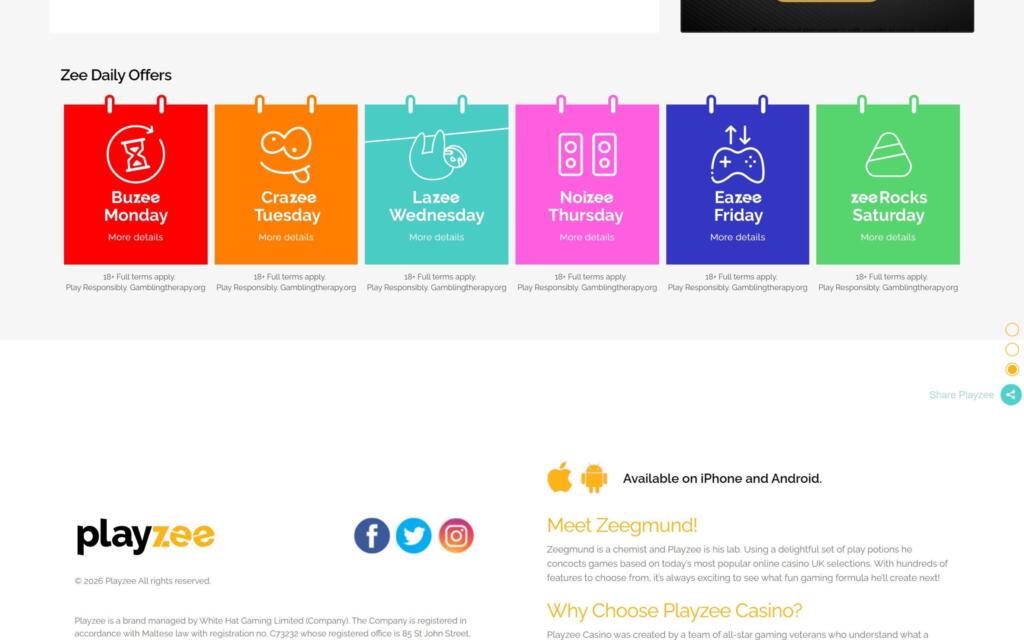 Playzee Casino Zee Daily Offers section with a different promotion for each day of the week