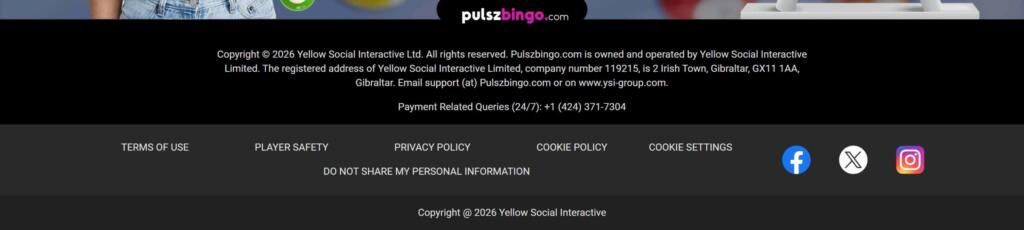 Pulsz Bingo footer naming Yellow Social Interactive Limited of Gibraltar as the owner and operator