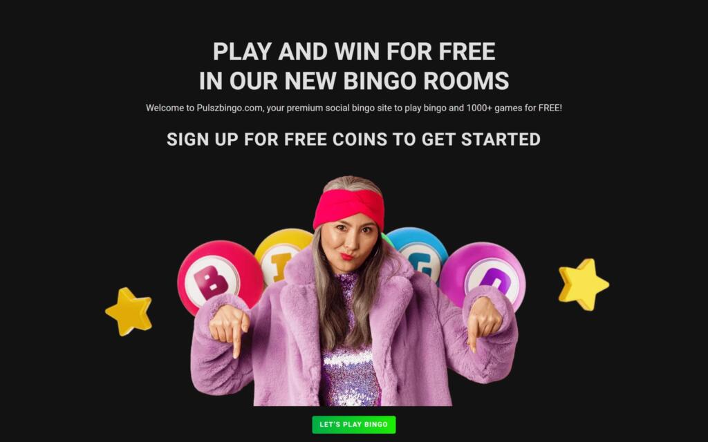Pulsz Bingo homepage headed Play and win for free in our new bingo rooms with a sign up for free coins message