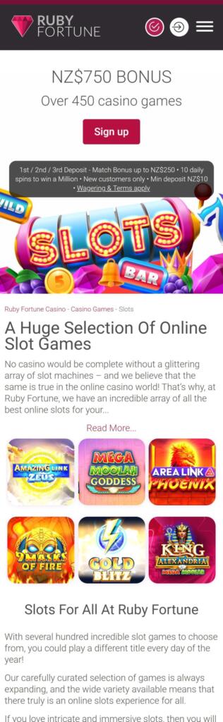Ruby Fortune Casino mobile site on a phone showing a NZ$750 bonus banner and slot game tiles