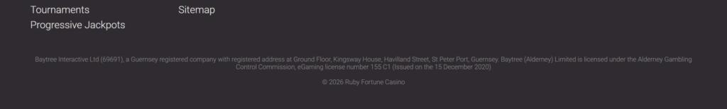 Ruby Fortune Casino footer naming Baytree Interactive Ltd of Guernsey under an Alderney Gambling Control Commission licence