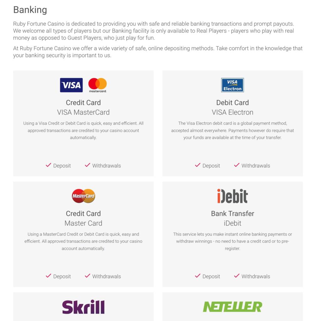 Ruby Fortune Casino banking page listing Visa, Mastercard, Visa Electron, iDebit, Skrill and Neteller with deposit and withdrawal ticks