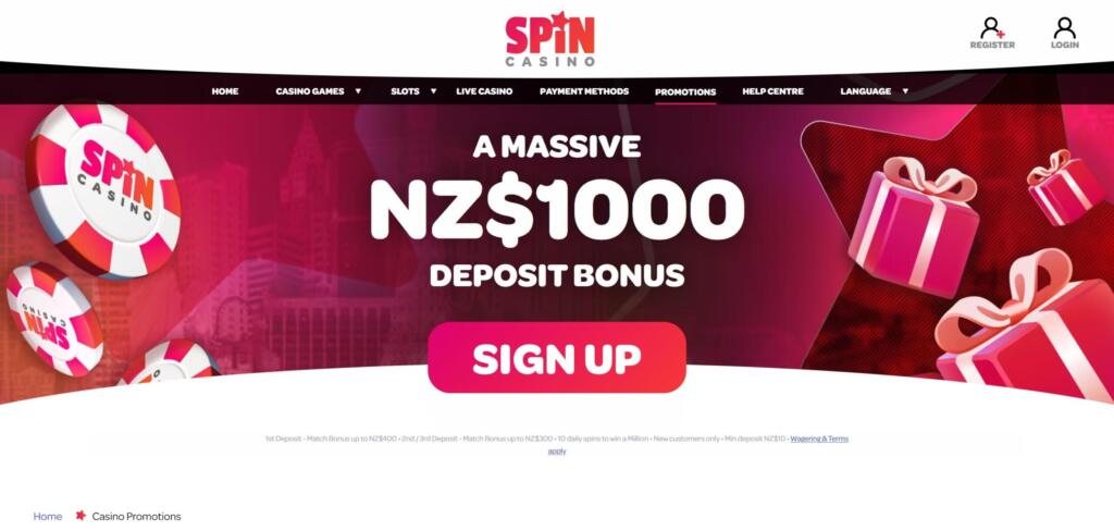 Spin Casino promotions page banner advertising a NZ$1,000 deposit bonus with a sign up button