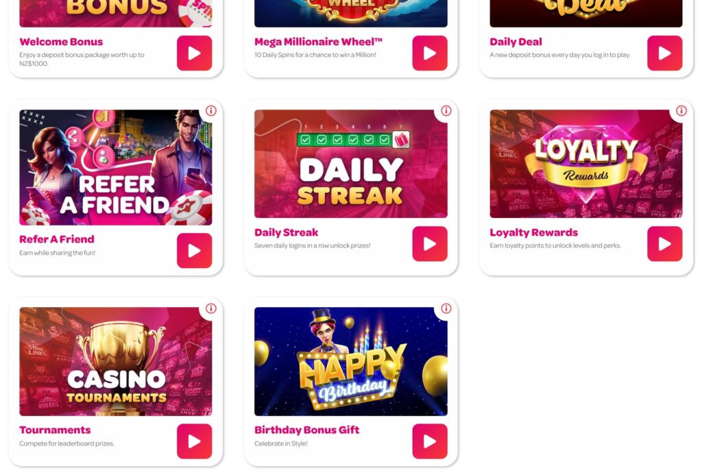 Spin Casino promotions grid with Welcome Bonus, Mega Millionaire Wheel, Daily Deal, Refer a Friend, Daily Streak and Loyalty Rewards