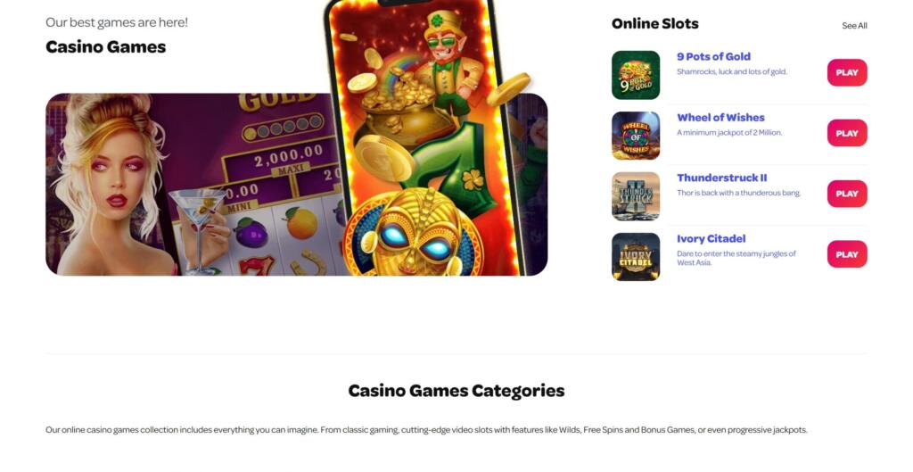 Spin Casino games page showing Online Slots picks including 9 Pots of Gold, Wheel of Wishes, Thunderstruck II and Ivory Citadel