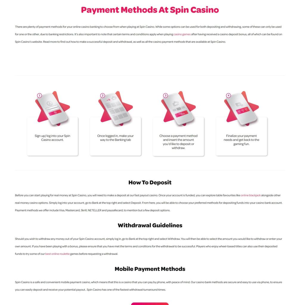 Spin Casino payment methods page with a four-step deposit guide and sections on how to deposit, withdrawal guidelines and mobile payments