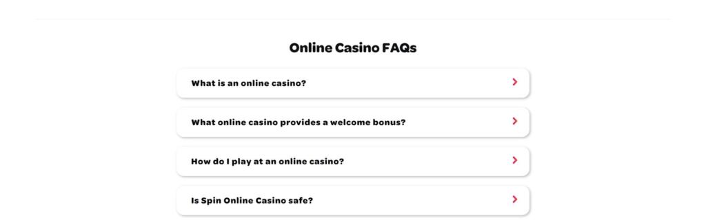 Spin Casino online casino FAQs section with questions about what an online casino is, welcome bonuses, how to play and safety