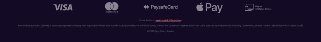 Spin Galaxy Casino footer with Visa, Mastercard, Paysafecard and Apple Pay logos and the Baytree Interactive Alderney licence text