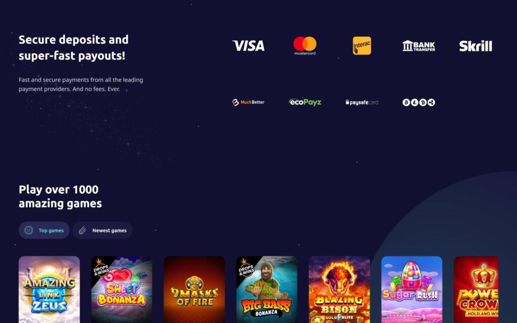 SpinAway page section headed Secure deposits and super-fast payouts with Visa, Mastercard, Interac, bank transfer and Skrill logos
