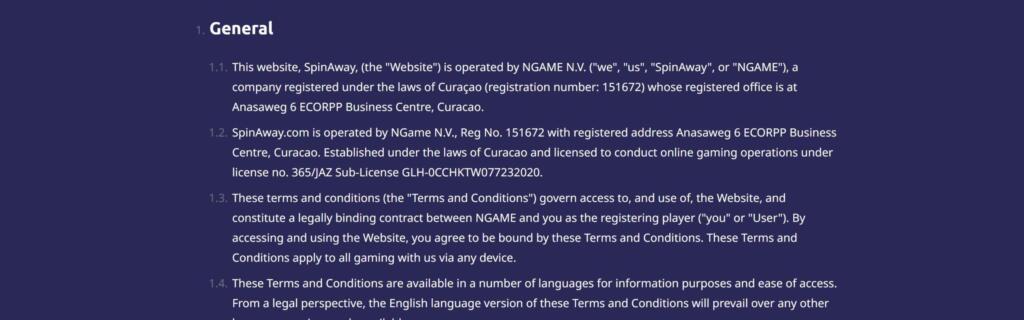 SpinAway terms section 1 naming NGame N.V. as operator and citing Curaçao licence 365/JAZ sub-licence GLH-OCCHKTW0772232020