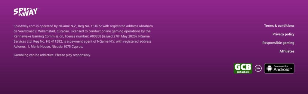 SpinAway footer stating the site is operated by NGame N.V. of Curaçao under Kahnawake Gaming Commission licence 00858
