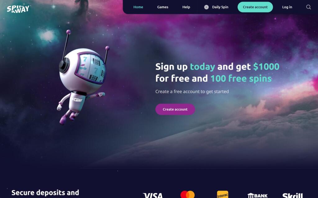 SpinAway homepage banner offering $1000 and 100 free spins to new accounts