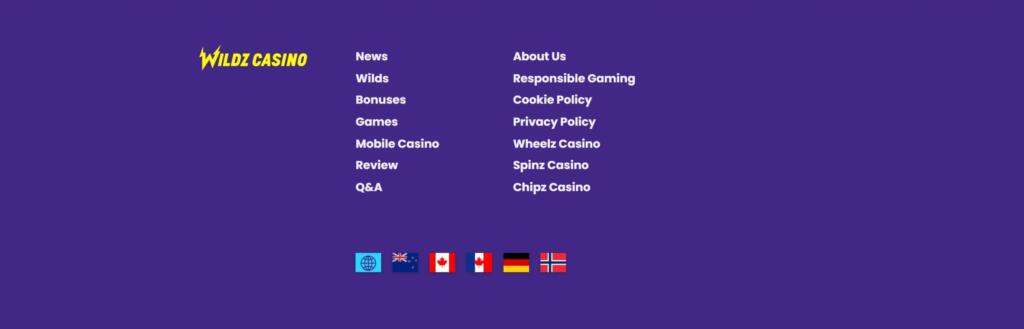 Wildz Casino site footer with links to News, Bonuses, Games, Responsible Gaming and the sister brands Wheelz, Spinz and Chipz