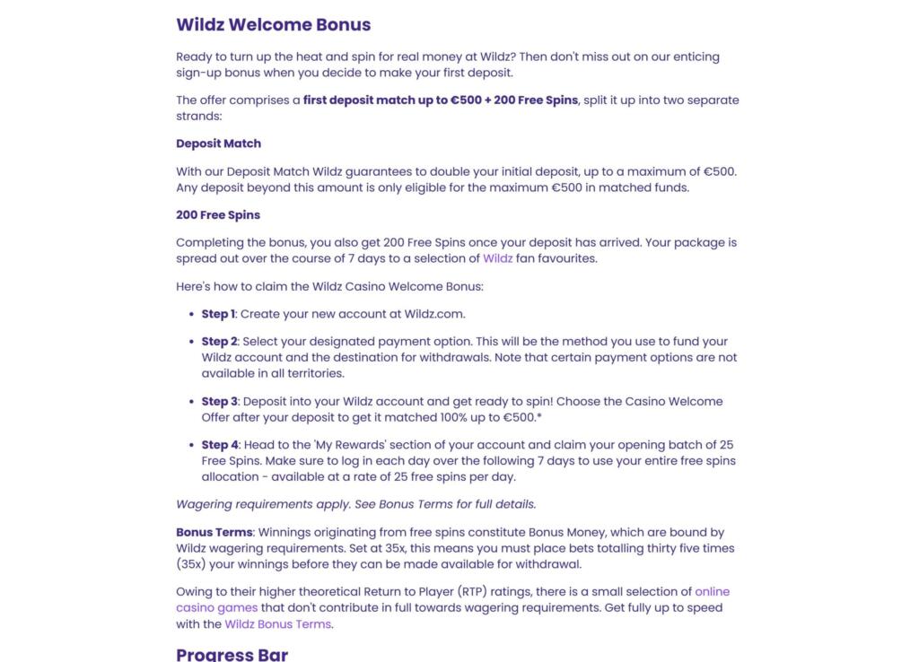 Wildz Welcome Bonus page describing a first deposit match up to €500 plus 200 free spins with 35x wagering