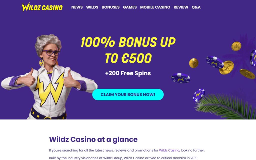 Wildz Casino promotional banner advertising a 100% bonus up to €500 plus 200 free spins