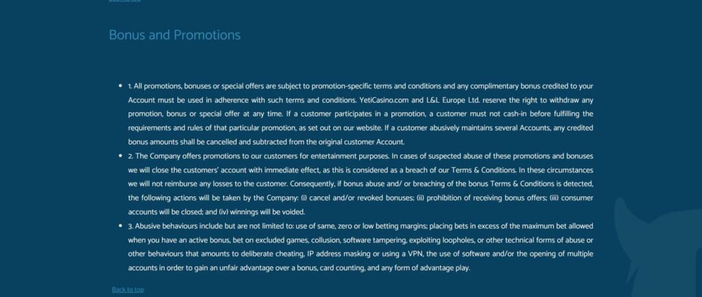 Yeti Casino bonus and promotions terms on cancelled bonuses, multiple accounts and abusive behaviour