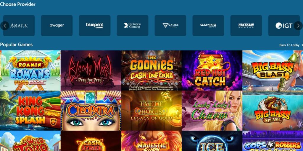 Yeti Casino lobby with a Choose Provider row and Popular Games tiles including Cleopatra, King Kong Splash and Big Bass Splash