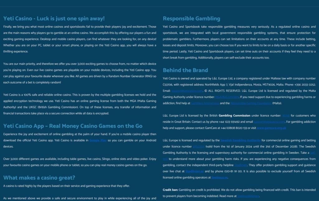 Yeti Casino Behind the Brand text naming L&L Europe Ltd and its Malta, British Gambling Commission and Swedish licences