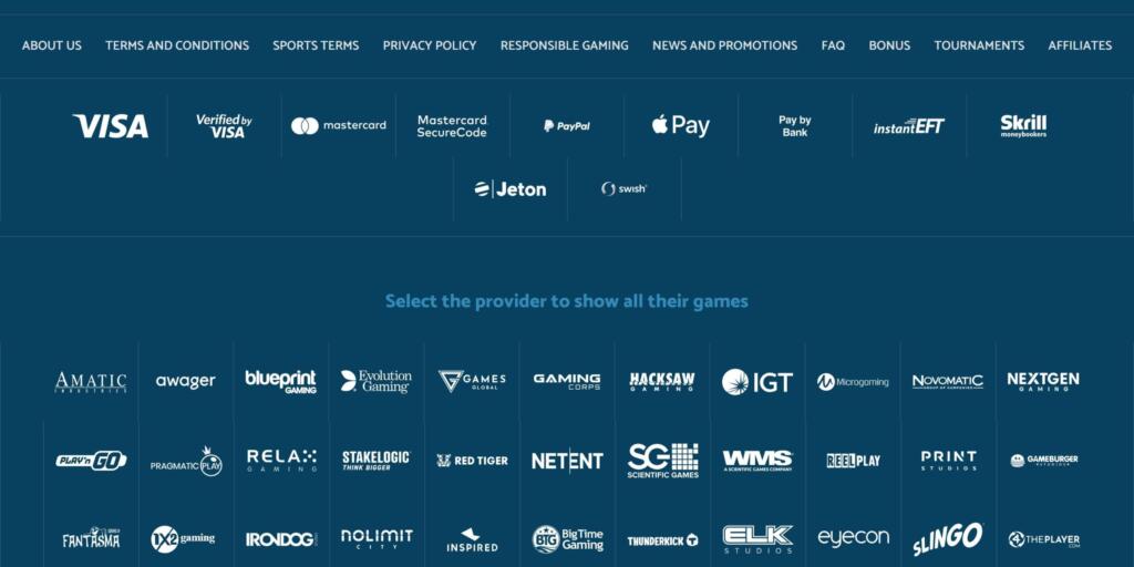 Yeti Casino footer with payment logos for Visa, Mastercard, PayPal, Apple Pay, Skrill and Jeton, and a grid of game provider logos