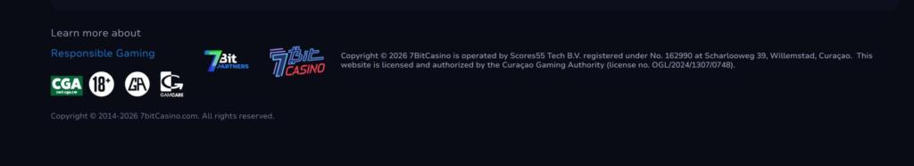 7Bit Casino site footer showing the Curaçao Gaming Authority seal, the 18+ mark and licence number OGL/2024/1307/0748