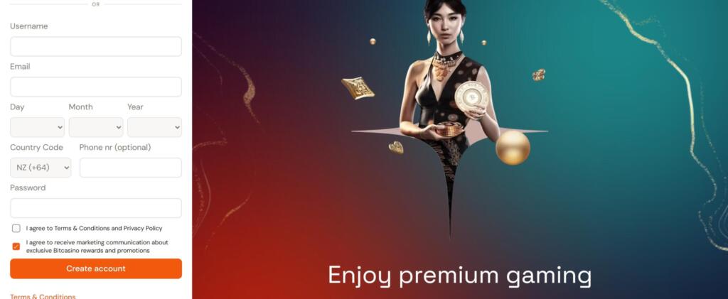 Bitcasino registration form with username, email, date of birth, country code, phone and password fields