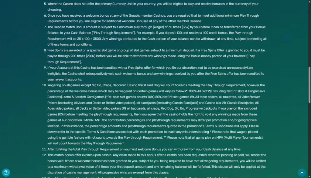 Kiwi's Treasure promotion terms showing 35x wagering on match bonuses, 200x on free spin winnings, game contribution rates and a withdrawal cap of 6 times the first deposit