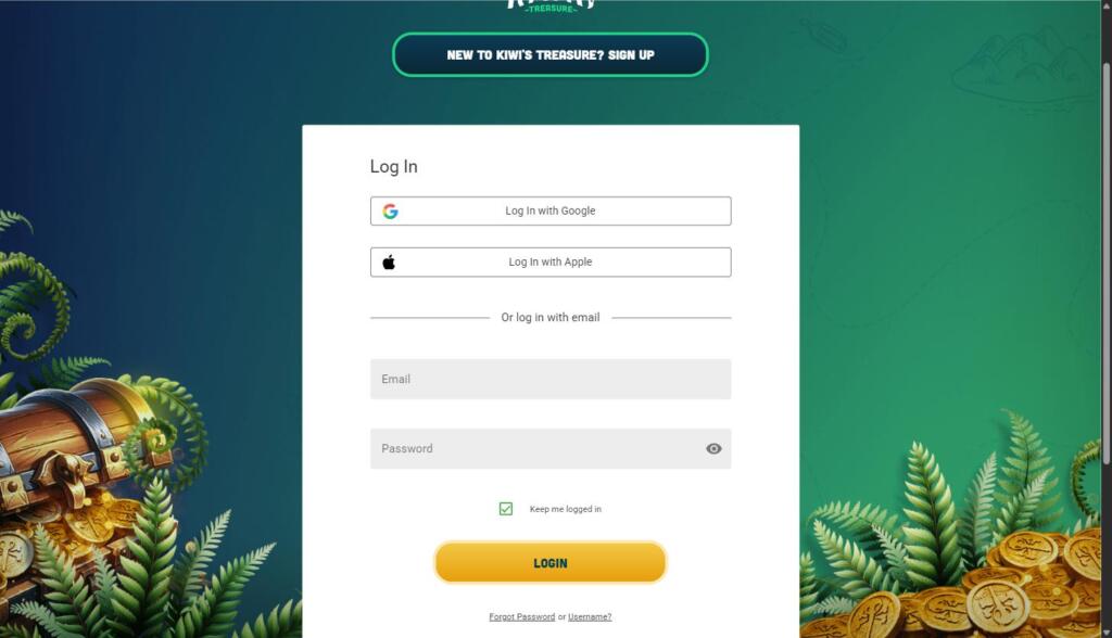 Kiwi's Treasure casino login screen with Log In with Google, Log In with Apple, email and password fields and Forgot Password or Username link