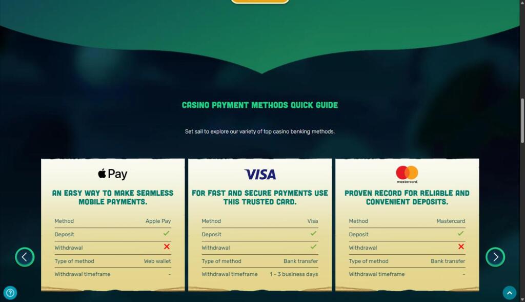 Kiwi's Treasure casino payment methods quick guide showing Apple Pay deposit only, Visa deposits and withdrawals in 1 to 3 business days, and Mastercard deposit only