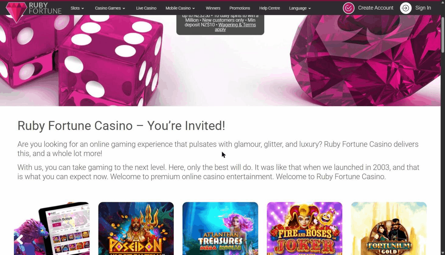 Animated scroll through the Ruby Fortune Casino homepage as seen from New Zealand in September 2026