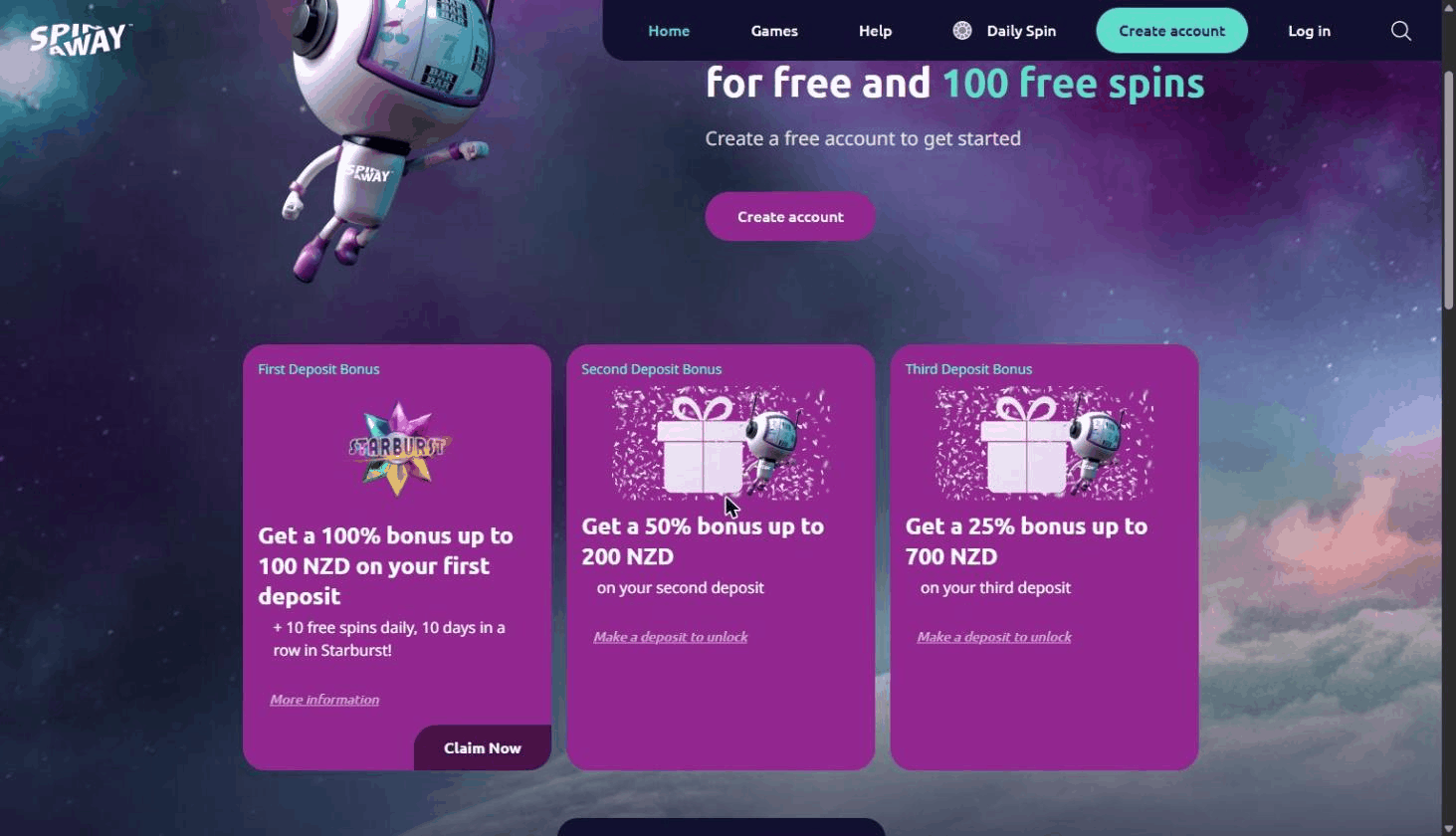 Animated scroll through the SpinAway homepage as seen from New Zealand in September 2026