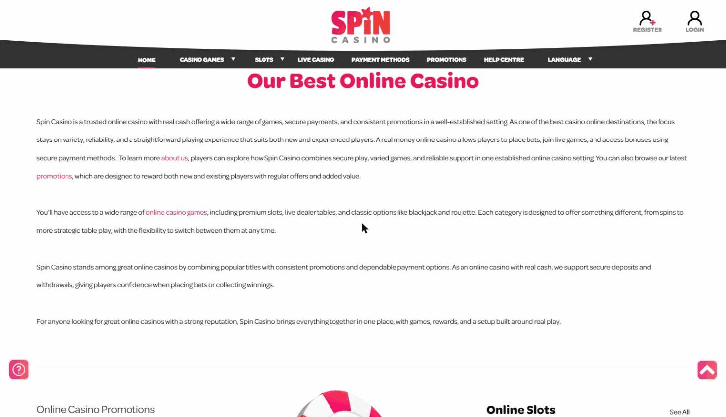 Animated scroll through the Spin Casino homepage as seen from New Zealand in September 2026